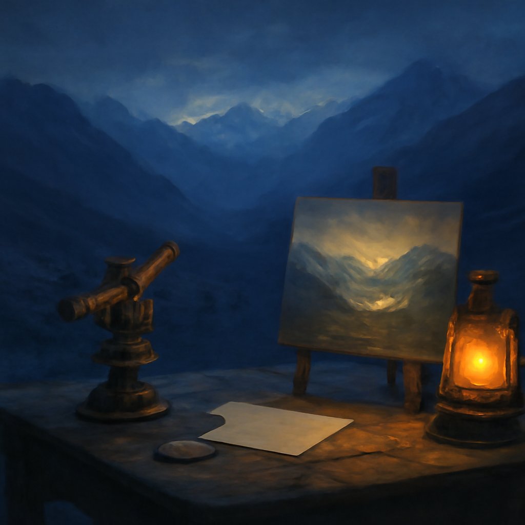 Blue-hour Himalayan expedition camp with brass instruments and an easel painting a glowing distant valley, evoking the Western reinvention of Shambhala as Shangri-La.