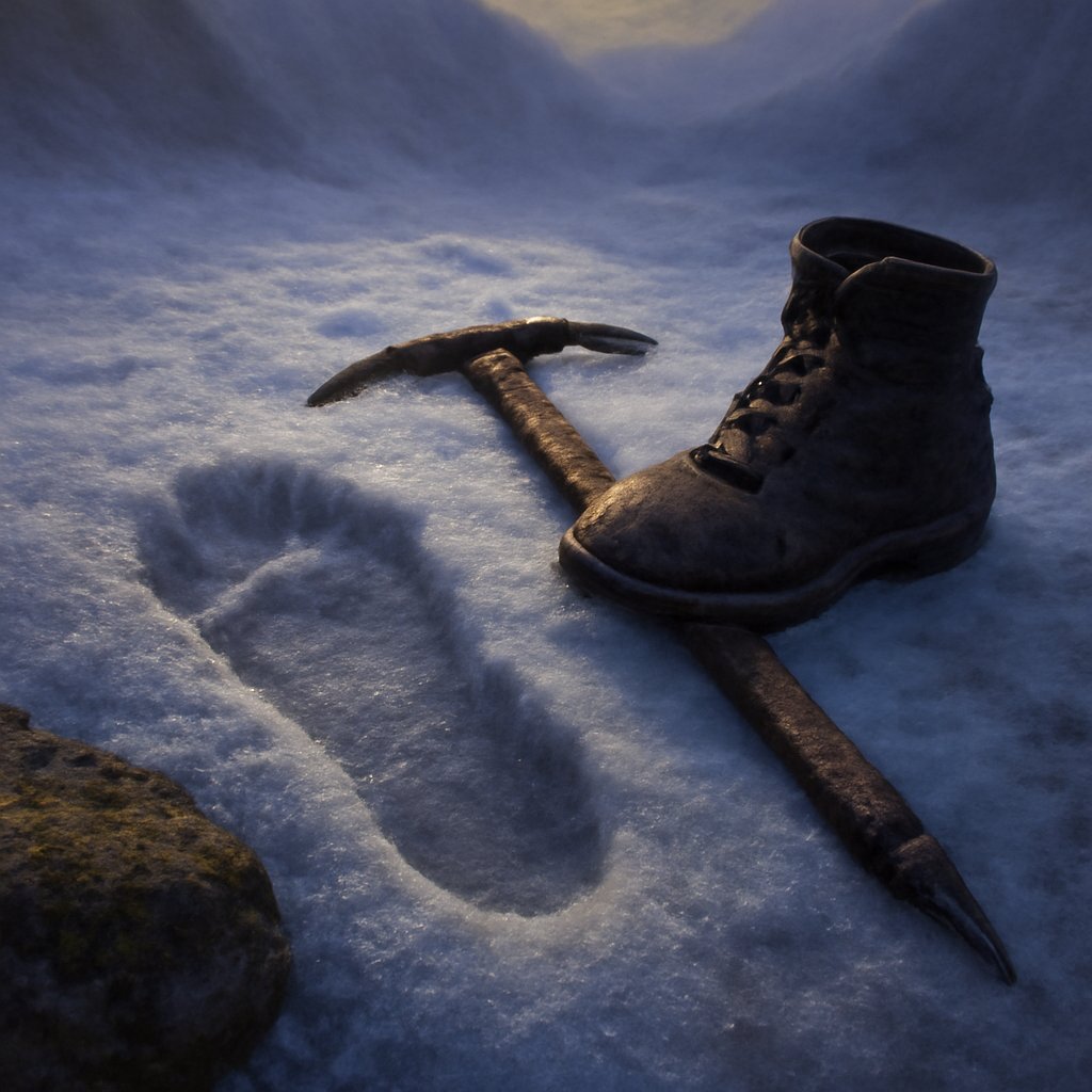 A single deep Yeti-style footprint in Himalayan snow with a wooden ice axe and leather boot laid beside it for scale, the print's edges melted into a humanlike shape
