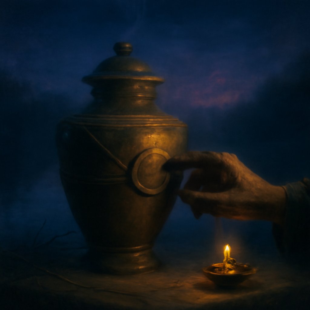 A cord-bound brass vessel sealed with blank wax on a stone parapet above a still dark lake at dusk, lit by a single oil lamp