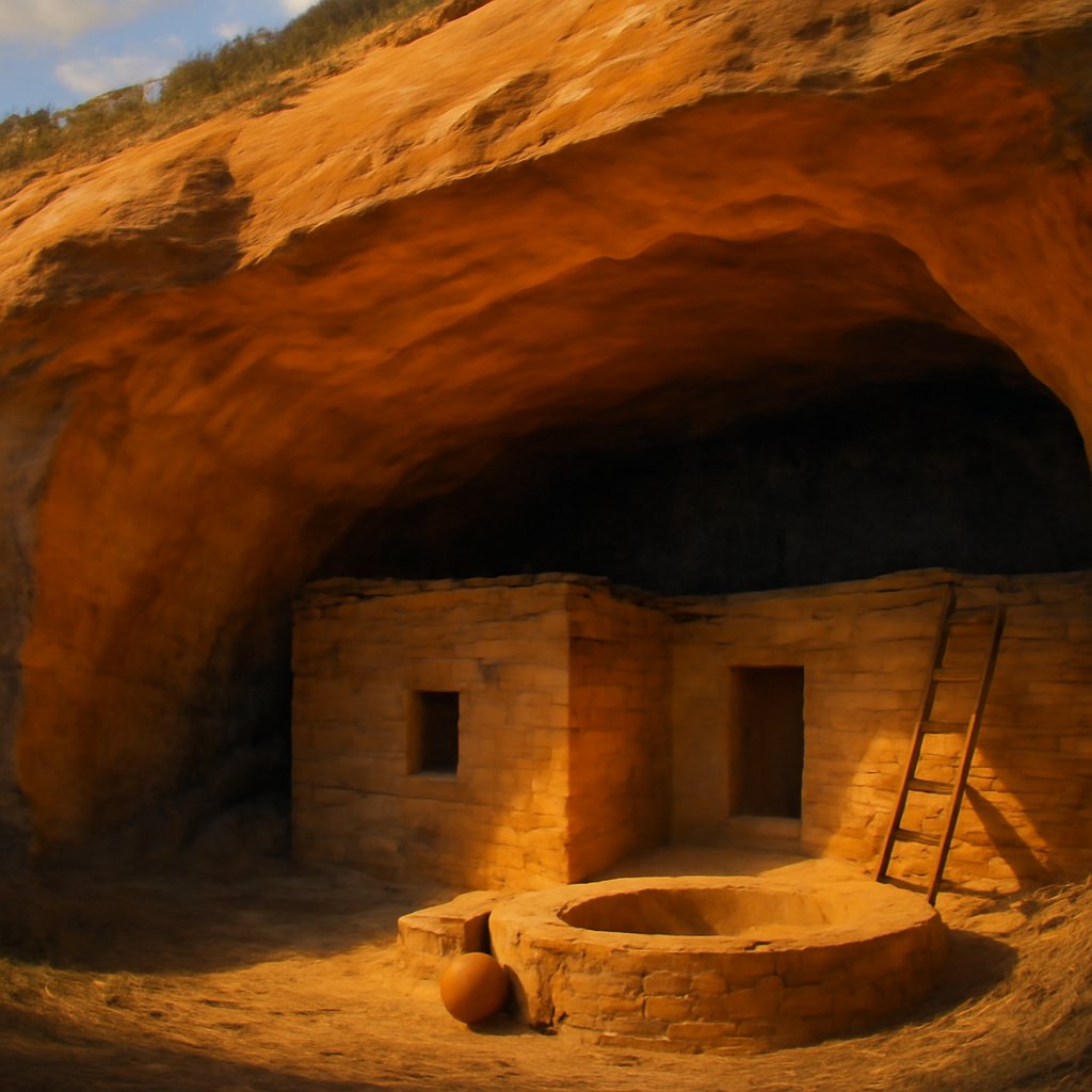 South-facing sandstone alcove sheltering an Ancestral Puebloan cliff dwelling, winter sun reaching the masonry rooms with a spring seep along the shaded back wall