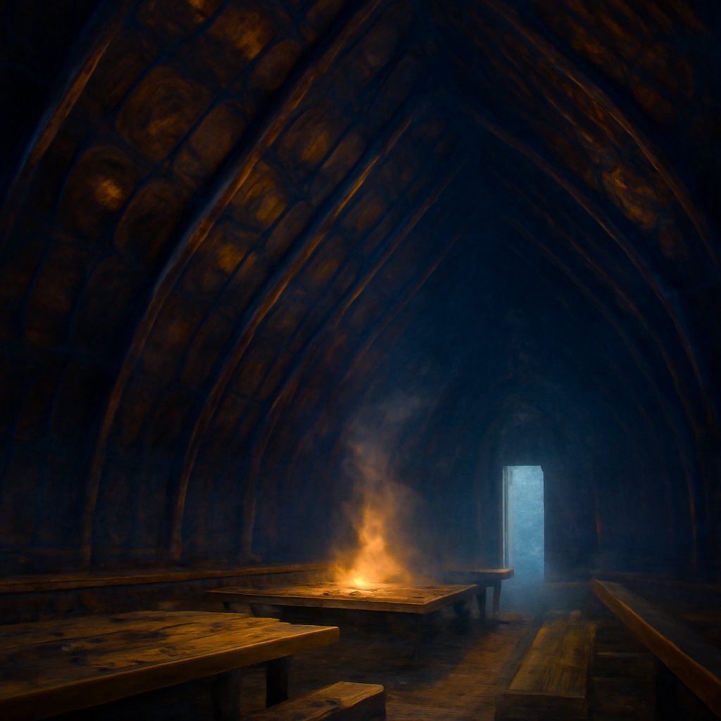 Vast interior of Valhalla in Asgard, its roof shingled in war-shields catching golden firelight above long mead-benches and a central hearth
