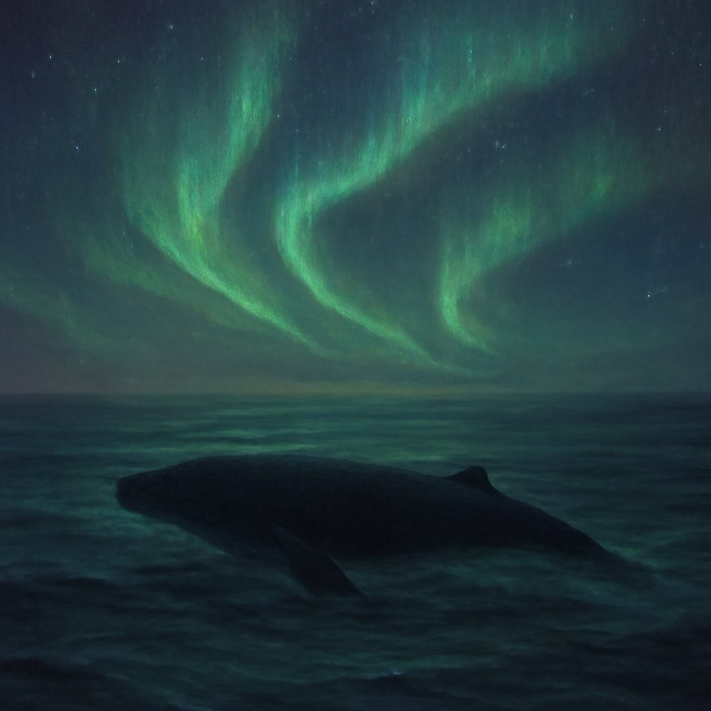 A whale swimming at night beneath a green aurora, illustrating how solar storms may disrupt the magnetic sense whales use to navigate during migration.