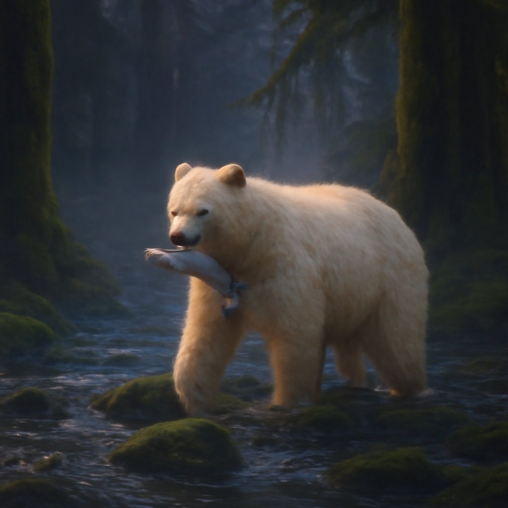 A white Kermode spirit bear stands mid-stream in the misty Great Bear Rainforest at dawn, a silver salmon in its jaws, glowing against dark cedars.