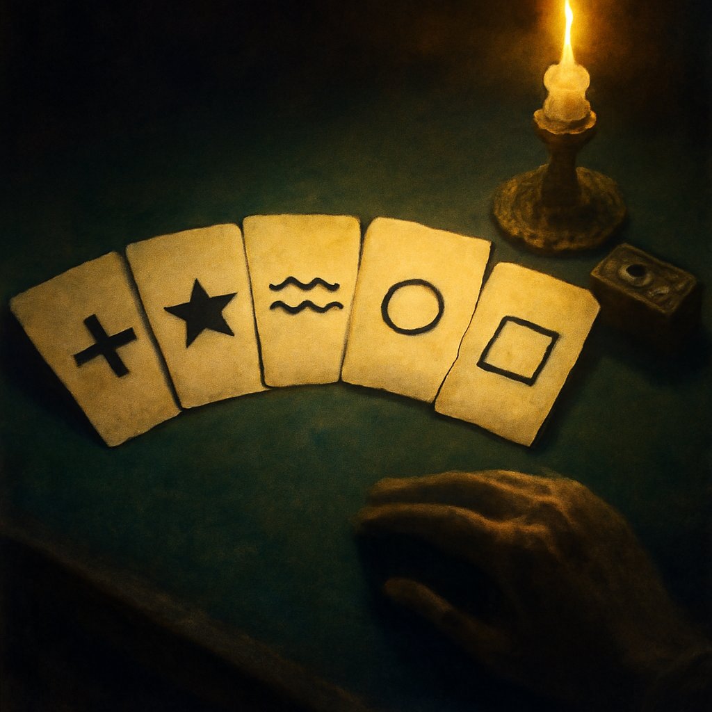 Five ESP test cards showing a cross, star, wavy lines, circle, and square fanned on a felt laboratory table, the Zener deck used in early telepathy experiments